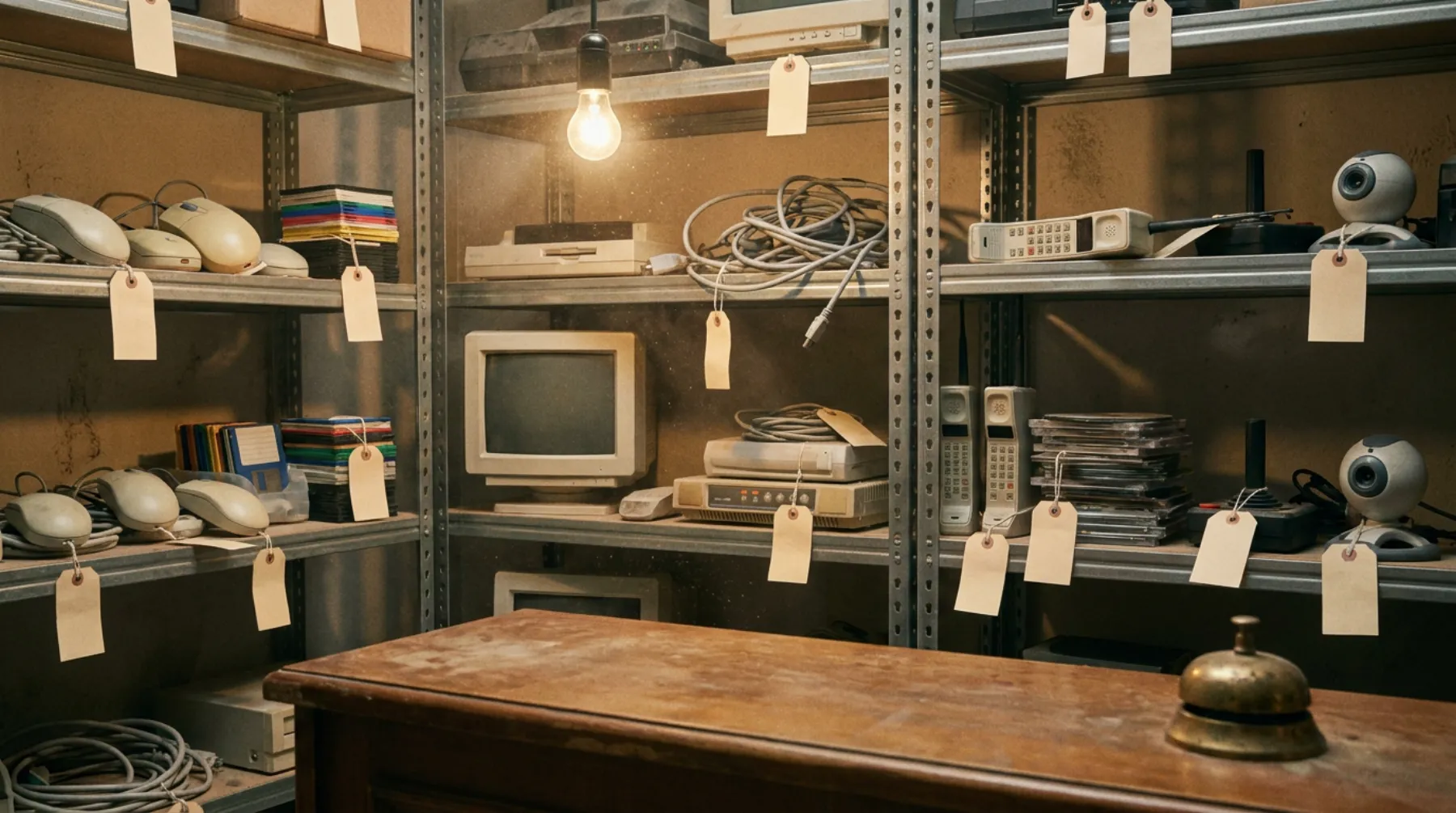 A dusty storeroom of metal shelves crowded with old computer mice, floppy disks, a beige monitor, modems, cables, old cell phones and webcams, each tied with a blank luggage tag, a bare bulb overhead and a brass service bell on a wooden counter.